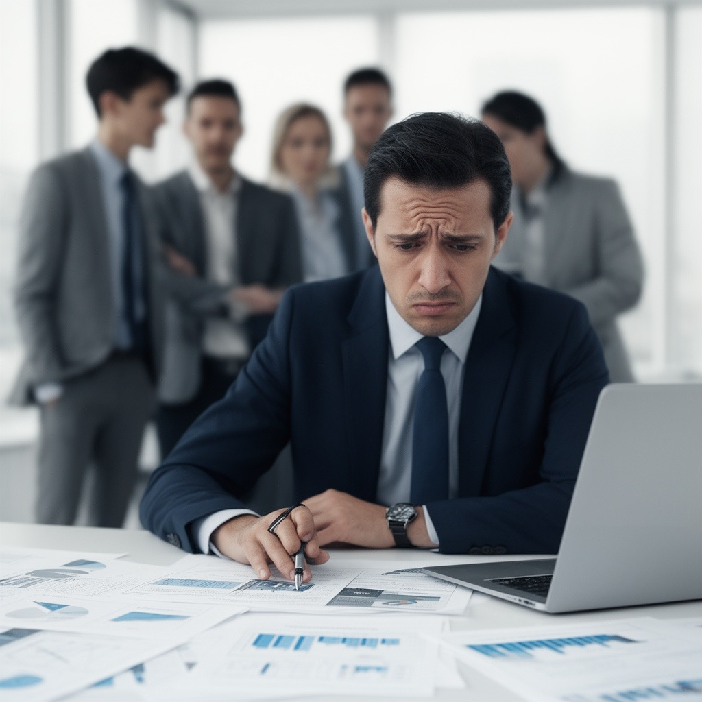Gestor preocupado analisando relatórios ruins